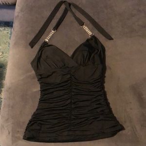 Black halter neck top with chain detail straps and ruching down sides and front
